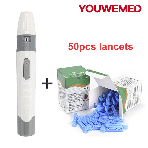 YOUWEMED Lancet Bút và 50 chiếc Bộ sưu tập máu vô trùng 28G Lancet 28 Gauge