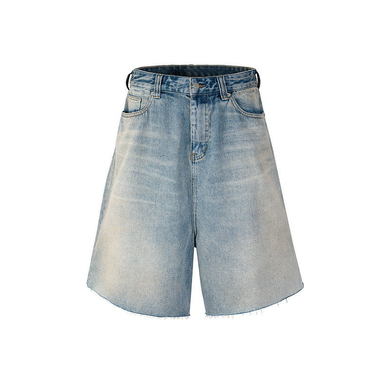QZYC High street vintage washed classic blue distressed raw edge denim shorts