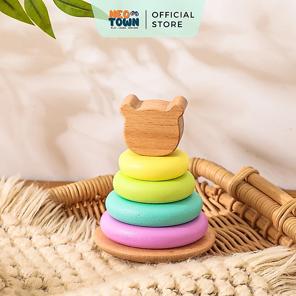 Tháp Vòng Gỗ Đầu Gấu Pastel - Rings Stacking Tower - Đồ Chơi Phát Triển Vận Động Montessori 𝗡𝗲𝗼 𝗧𝗼𝘄𝗻