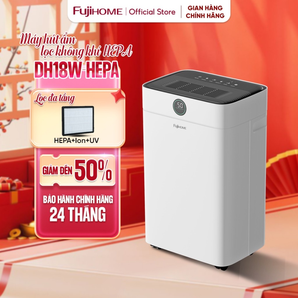 Máy hút ẩm lọc không khí HEPA phòng 15-40m2 Fujihome DH18W-HEPA, Công nghệ máy nén Block cao cấp 18L