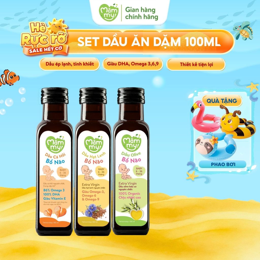 Combo 3 dầu ăn dặm bổ não Mămmy, dầu cá hồi, hạt lanh, Olive bổ sung DHA, Omega-3 cho bé từ 6 tháng