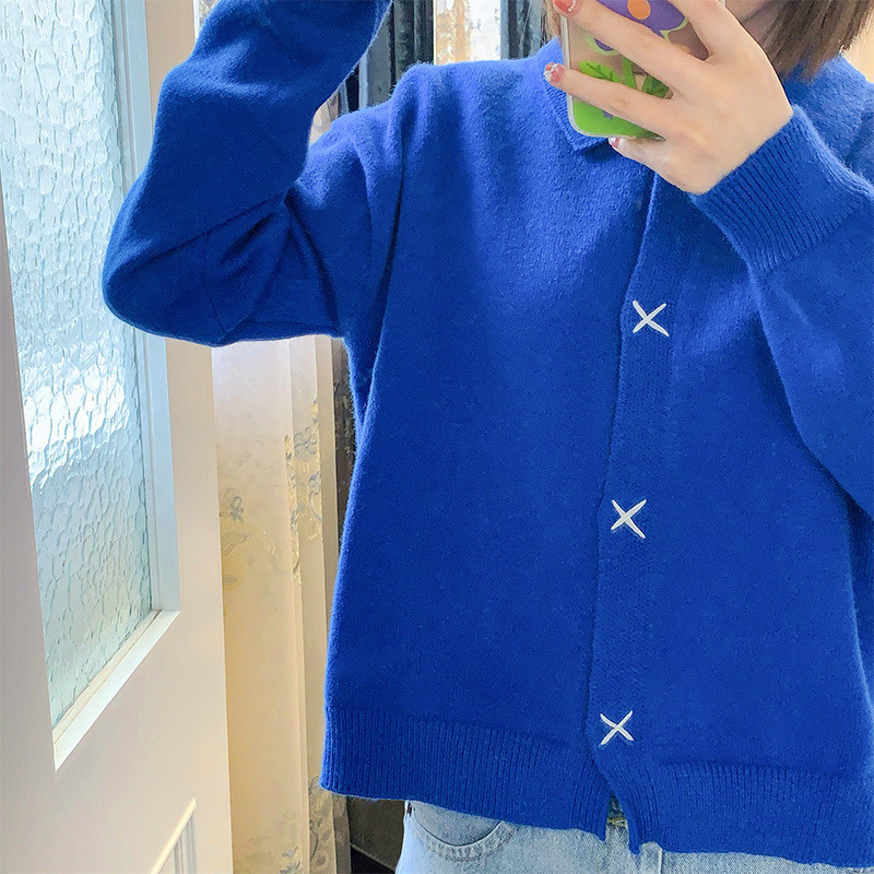 Izmir Xanh Trắng Len Cardigan Áo Khoác Ngắn Nữ Bên Ngoài Mặc Cardigan Đan Áo Len Mùa Thu Ẩn Nút Tran