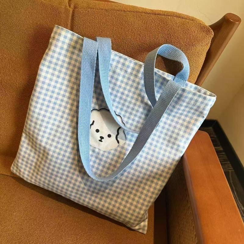 Mori Style Canvas Bag Student Class Girl Large Capacity Bread Checked Cloth Simple One Shoulder Comm