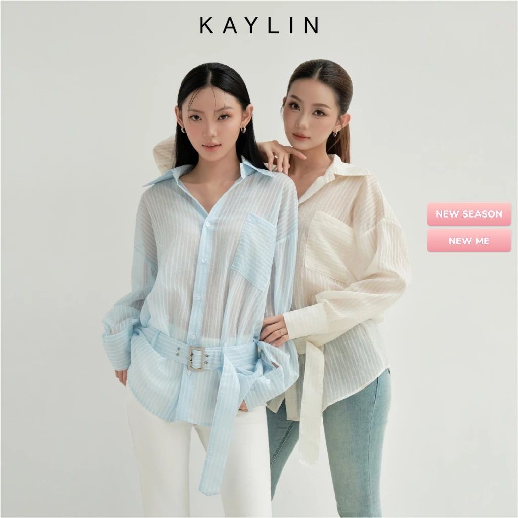 Áo sơ mi KAYLIN form freesize phối thắt lưng chất vải voan sọc mềm nhẹ phong cách sành điệu BST Thu 