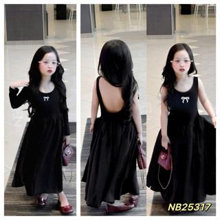  Váy Đen Trễ Lưng Dáng Dài In Nơ Dài Tay Hoặc Sát Nách Xinh Xắn Cho Bé Gái 10-33kg 