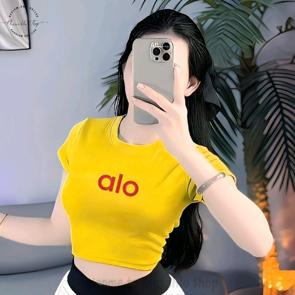 Áo Thun Croptop Dáng Ngắn Form Basic Ôm Body Nữ In Chữ Thêu ALO, Size S M L