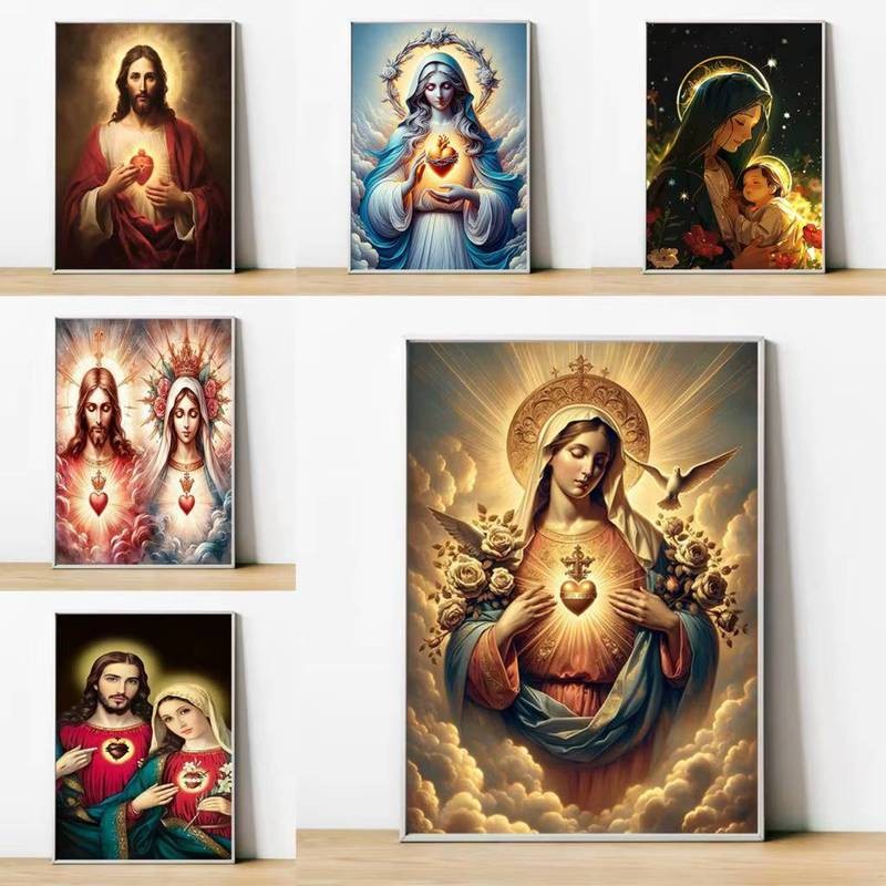 Scandinavia Vintage Nghệ Thuật Treo Tường Đức Trinh Nữ Maria Và Thánh Tâm Chúa Giêsu Kitô Giáo HD Áp