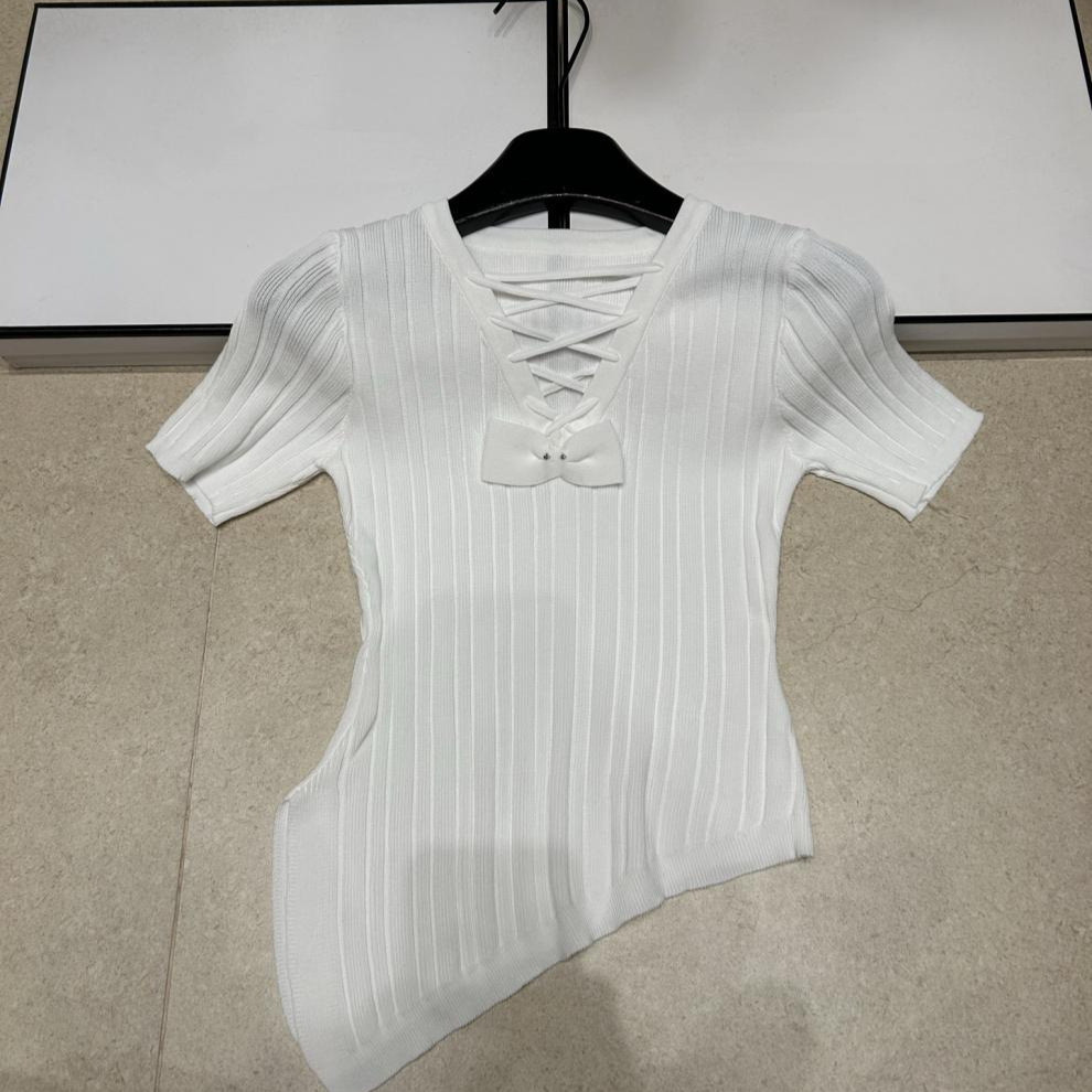 PZGS 2026Summer new style knitted short-sleeve top with bow ties, irregular hem, simple, fashionable