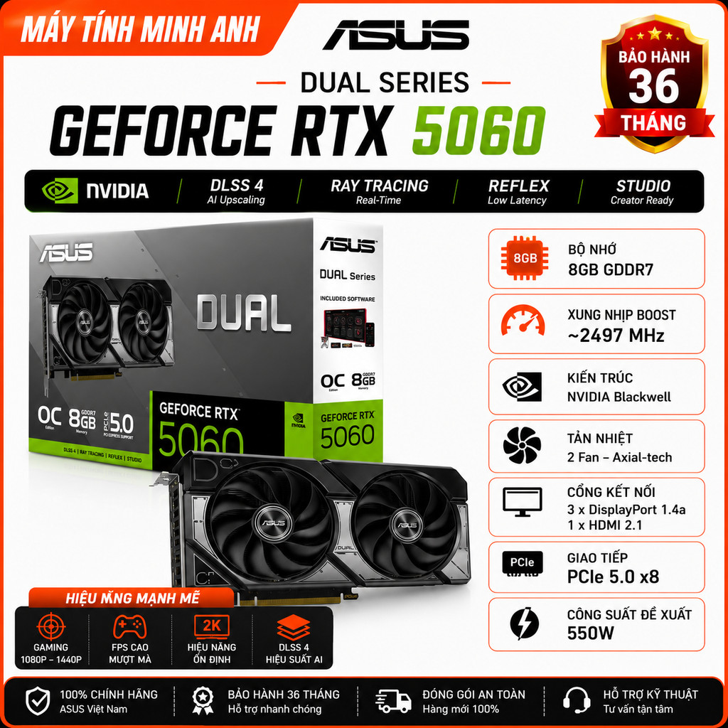 Card Màn Hình ASUS Dual GeForce RTX 5060 OC 8GB GDDR7 Chính Hãng | VGA RTX 5060 8G | Bảo Hành 36 Tháng | BigBuy360 - bigbuy360.vn