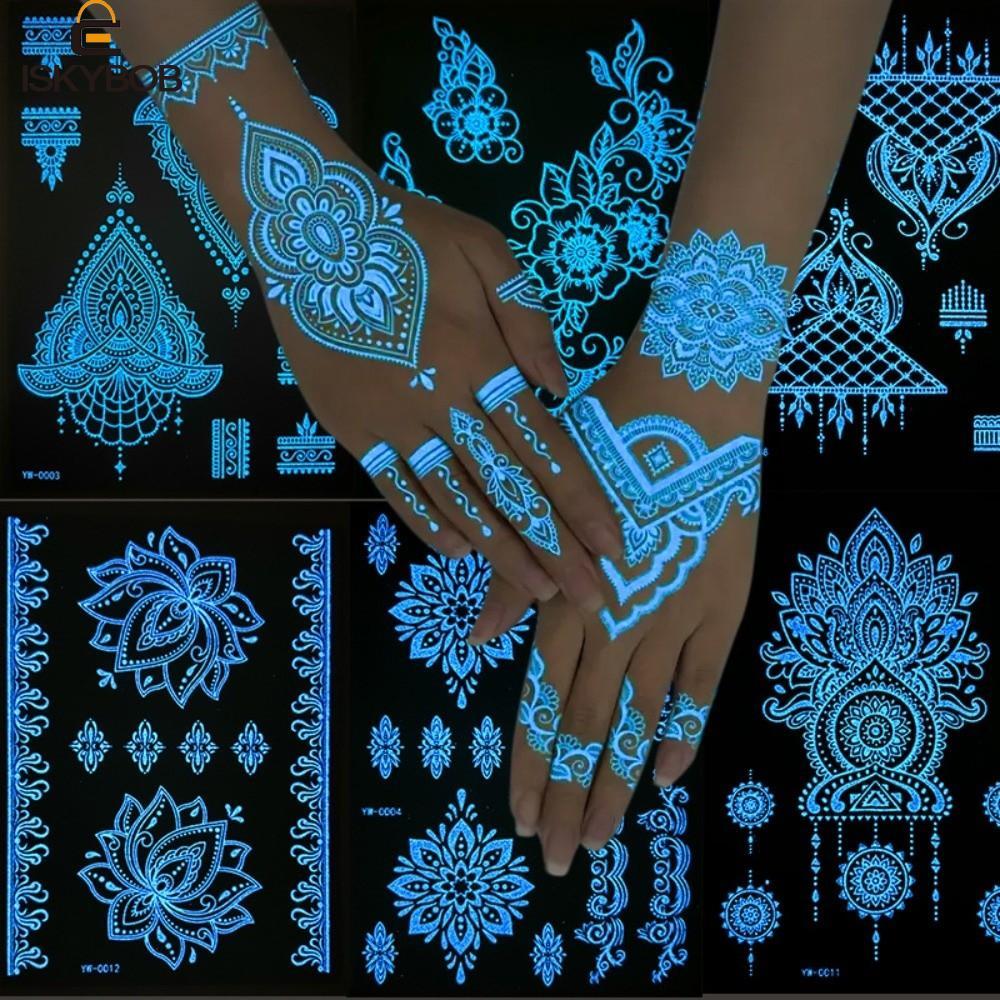 Nhãn dán hình xăm Henna dạ quang FUJIZOU, Công cụ cưới hoa Ấn Độ Đề can hình xăm Henna màu trắng, Th