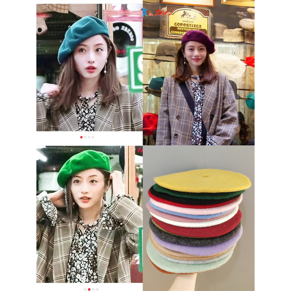 Sato Ishihara Satomi Beret Anh Retro Màu Trơn Văn Học Nhật Bản Họa Sĩ Mũ Thu Đông Sang Trọng Len Bí 