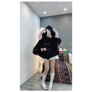  Áo Khoác Nỉ Unisex Tai Thỏ Đính Nơ Hoodie Có Mũ Form Rộng Nam Nữ Phong Cách Hàn 