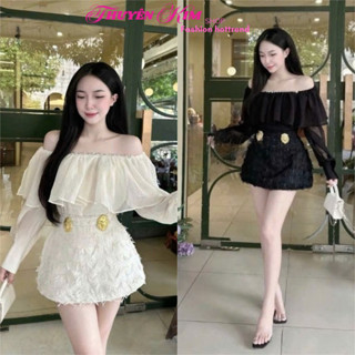 Set công sở, Đồ đi tiệc, Set áo trễ vai Voan tơ gãy kèm chân váy ngắn Len Ren lông đính phụ kiện