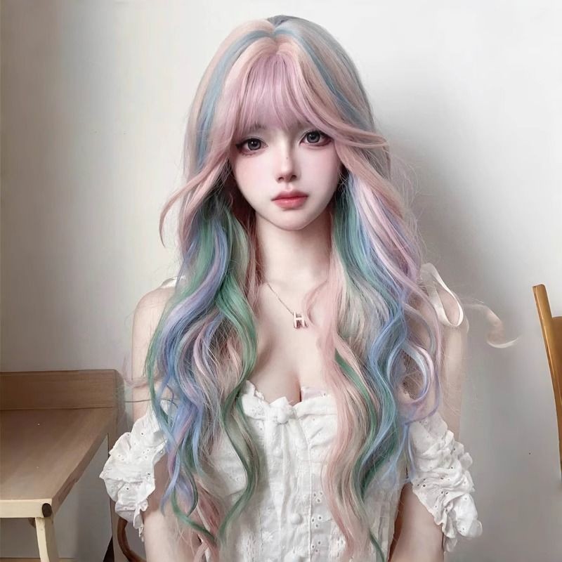 Tóc giả màu hồng nữ tóc dài toàn bộ kiểu mũ trùm đầu Lolita Paris vẽ nhuộm cầu vồng nhuộm tóc xoăn d