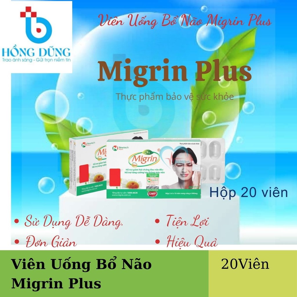 Viên Uống Bổ Não Migrin Plus Hỗ Trợ Hoạt Huyết Tăng Cường Tuần Hoàn Não Hộp 20 Viên