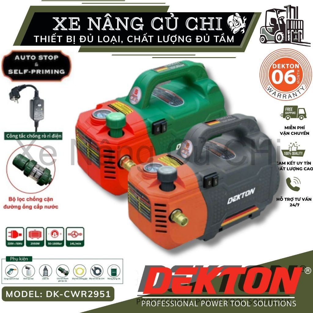Máy rửa xe có chỉnh áp 2950W Dekton DK-CWR2951,tự động hút nước, có công tắc an toàn chống rò rỉ điệ
