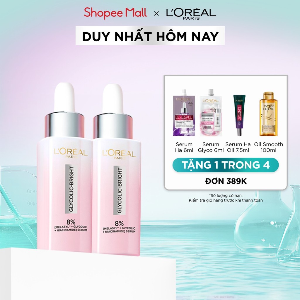 Bộ 2 Serum Glycolic Melasyl 8% [Melasyl+Glycolic+Niacinamide] dưỡng sáng da, mờ thâm mụn & nám Loreal Paris (30ml x2)