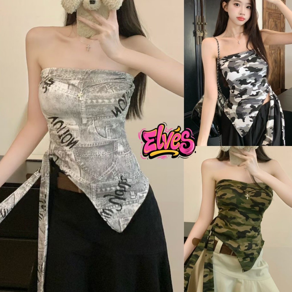 Elves Đệm Ống Top Mát Họa Tiết Quân Sự Chi Tiết Rất Phong Cách Áo Crop Gợi Cảm Cho Nữ FY66033