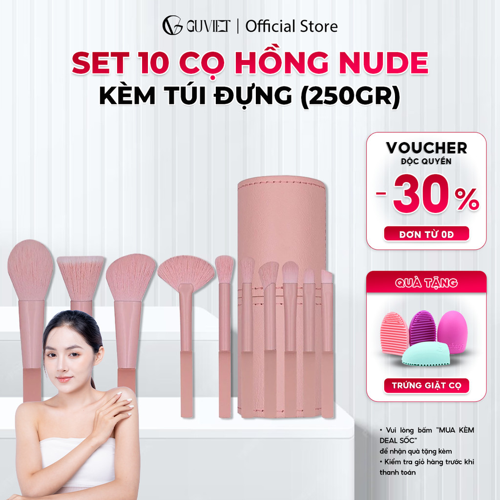 Bộ cọ trang điểm cá nhân GUVIET kích cỡ mini màu Hồng nude gồm 10 cọ kèm theo túi đựng | BigBuy360 - bigbuy360.vn