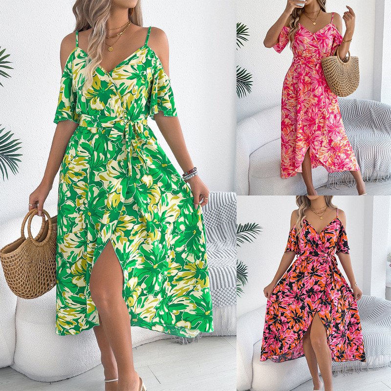 Real Shot Xuân Hè Off-the-Shoulder Cross Cổ Chữ V Hoa Sling Váy Dài Kỳ Nghỉ Đầm Xuyên Biên Giới