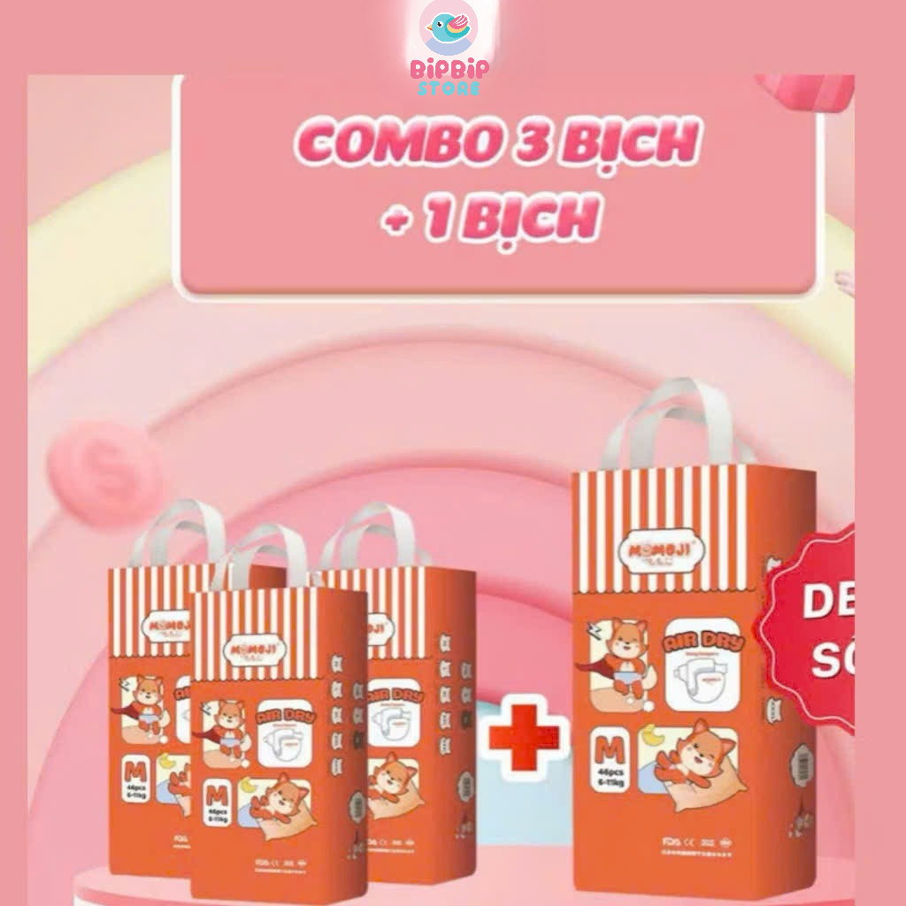 [ Mẫu mới Mua 3 tặng 1] Combo 3 Bịch Tã Bỉm MOMOJI AIR DRY cao cấp mỏng mềm cho bé đủ size