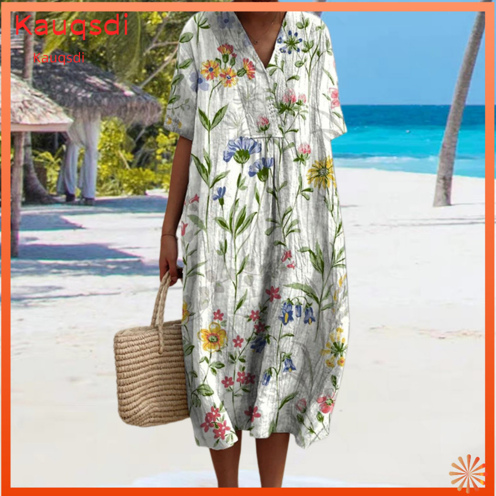 KAU Đầm Nữ Phong Cách Bohemian Đầm Mùa Hè Nữ Cổ Chữ V Hoa Tay Ngắn Bohemian Chữ A Midi Đi Biển Rời P