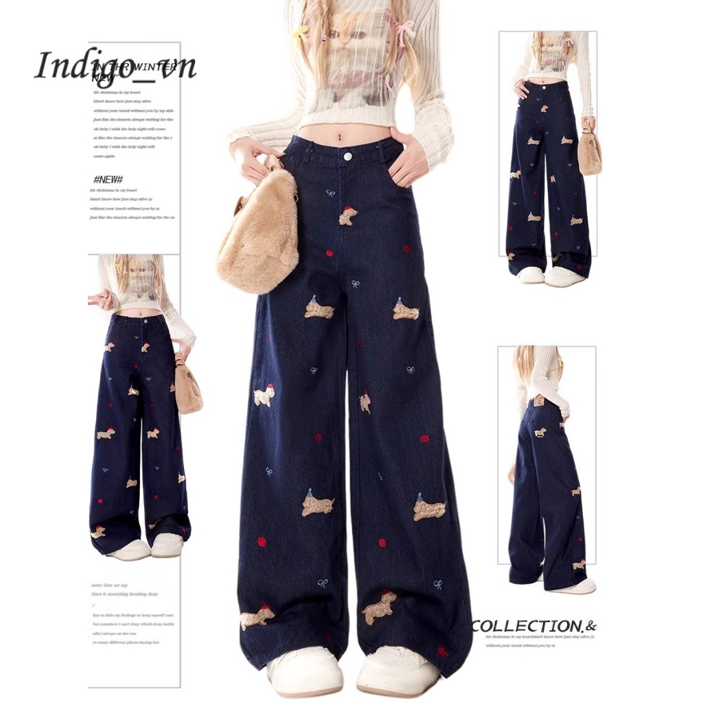 【Indigo】 Quần Jean Nữ Ống Đứng Ống Rộng Nữ Ống Đứng RộNg Cạp Cao Dáng Rộng