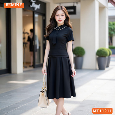 Đầm thiết kế BEMINE cổ đức viền đá có cavat dáng chữ A phù hợp đi làm-MT11211