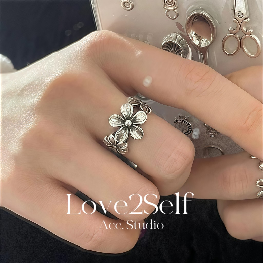 Love2Self J144 Phong Cách Retro Nhẫn Nữ Hoa Mát Nhẫn Có Thể Điều Chỉnh Cho Nữ Đeo Hàng Ngày Hip Hop 