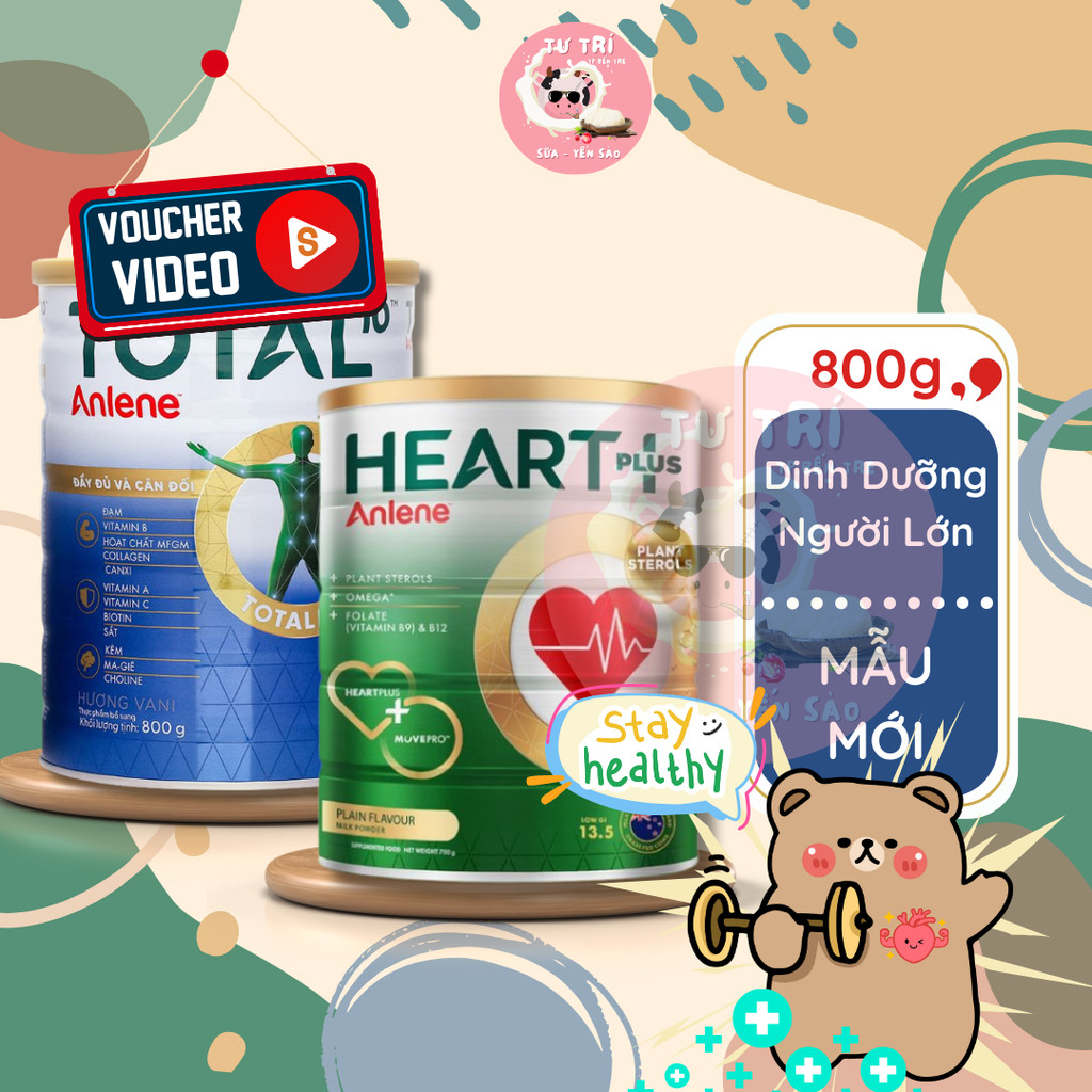 Combo Sữa bột Anlene Total 10 lon 800g và Anlene Heart Plus 750g hương Vani.