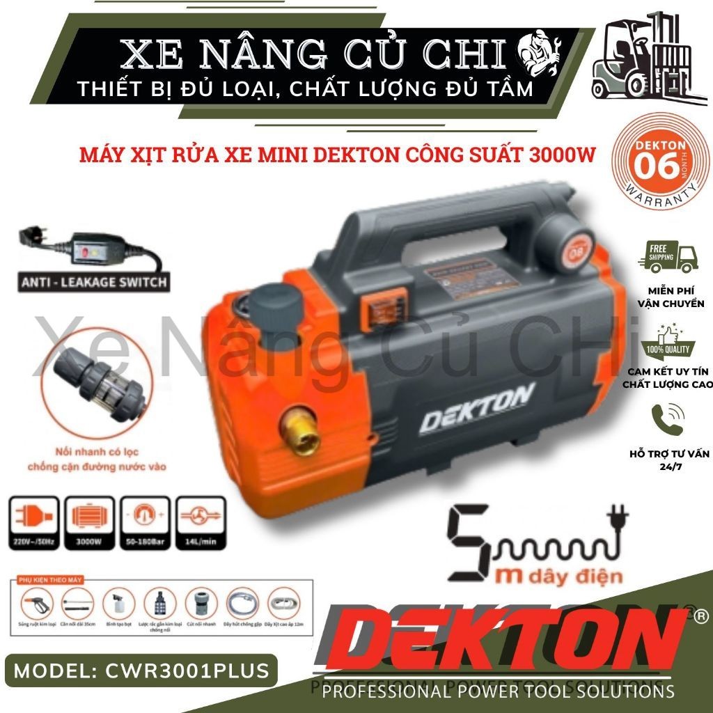Máy xịt rửa xe 3000W Dekton DK-CWR3001PLUS, 180bar, lưu lượng 14lít trên phút, phích cắm chống giật