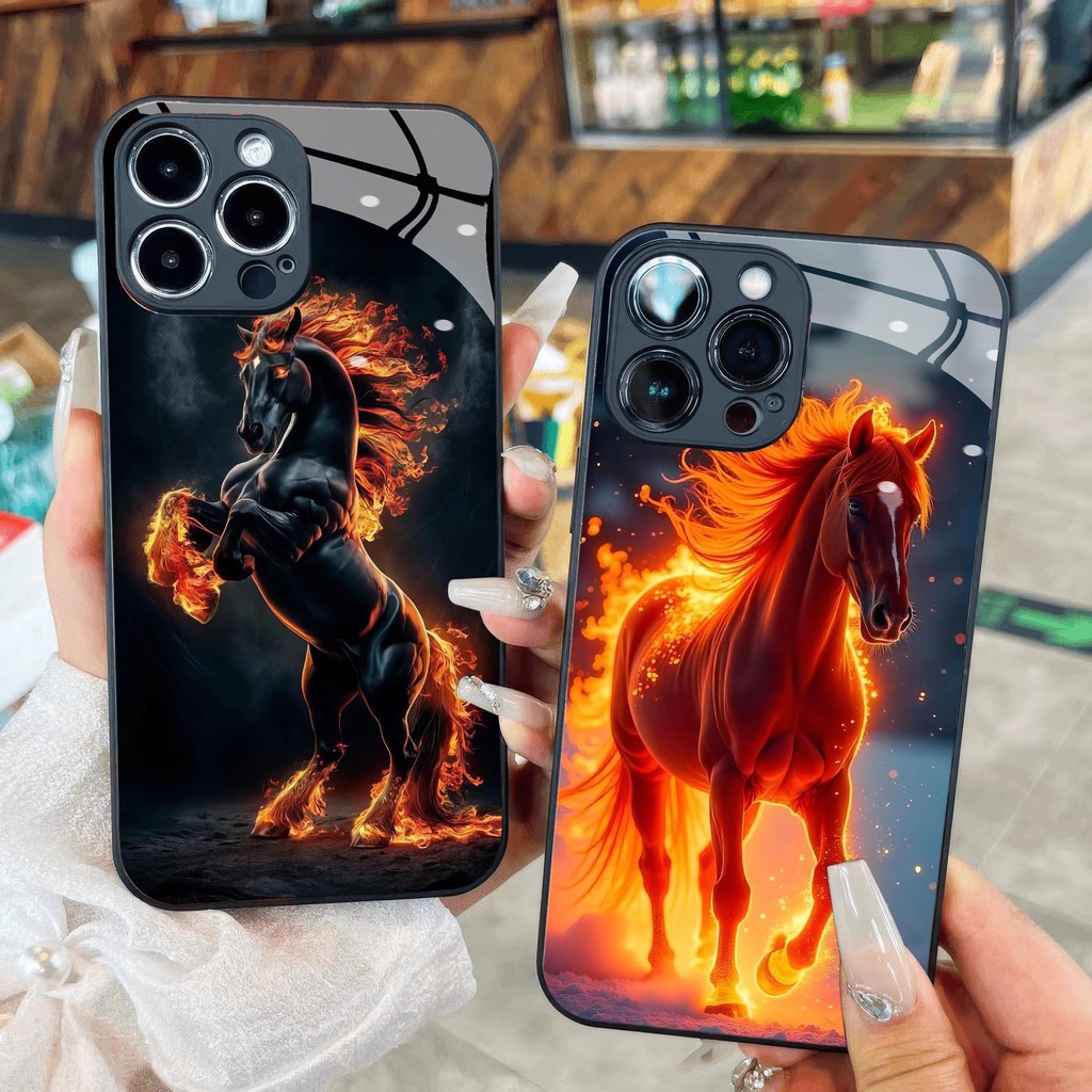 Ốp Kính Ngựa rực cháy dành cho iPhone 17 16 15 14 13 12 11 8 7 6 6s 6p 7p 8p 6g 7g 8g Pro Max XR XS 