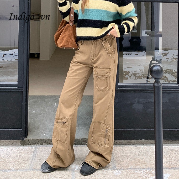 【Indigo】 Quần Jean Kaki Yếm Nữ Quần Ống Rộng ỐNg RộNg Tôn Dáng Gầy