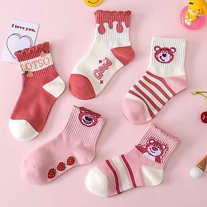 Set 5 Đôi Tất Cotton Cổ Cao Gấu Hồng LOTTO CỔ BÈo Cho Các Bé Gái te26