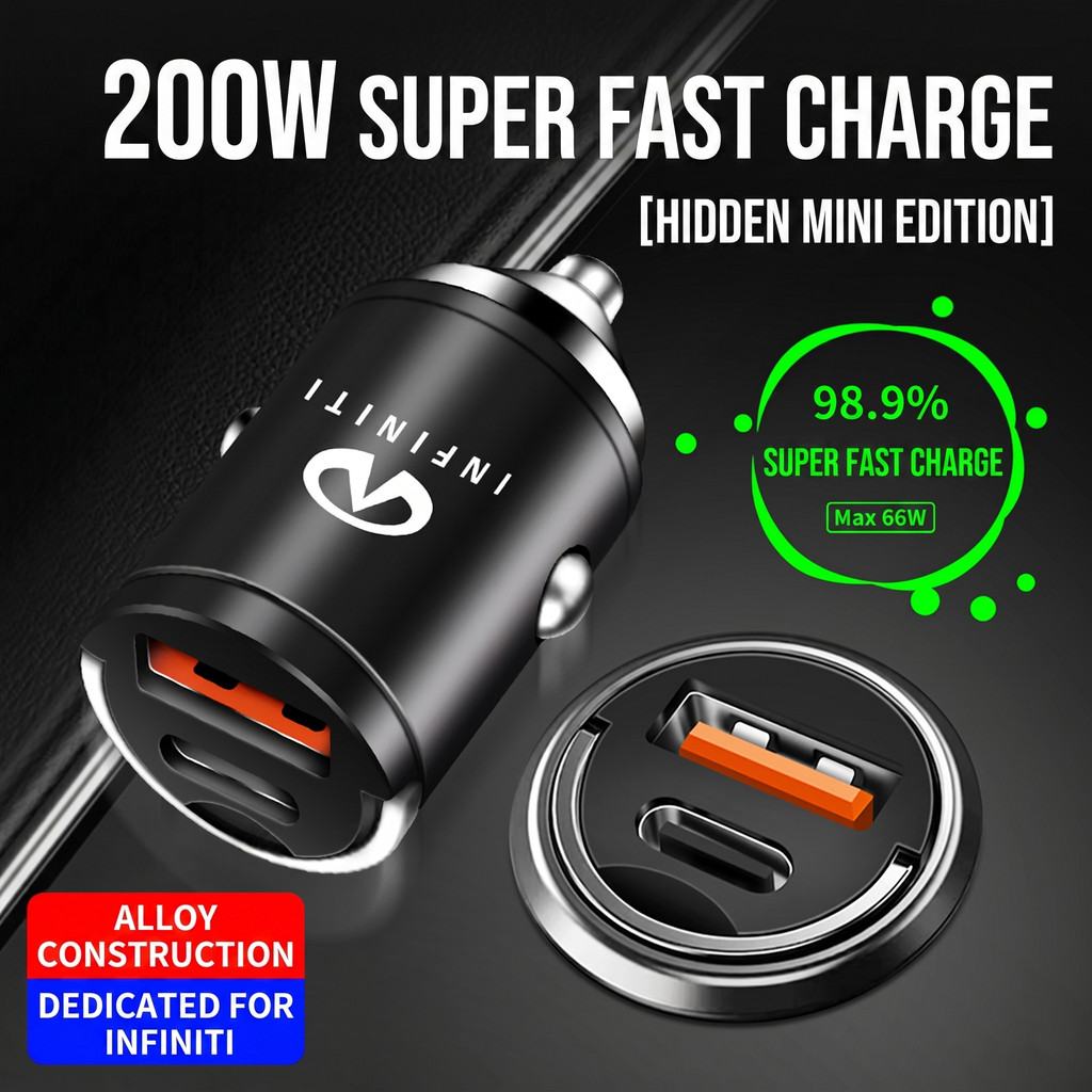 200W Ẩn Mini Xe Sạc Hợp Kim Kim Loại USB Loại C Sạc Nhanh Xe Thuốc Lá Bật Lửa Adapter PD Sạc Siêu Nh
