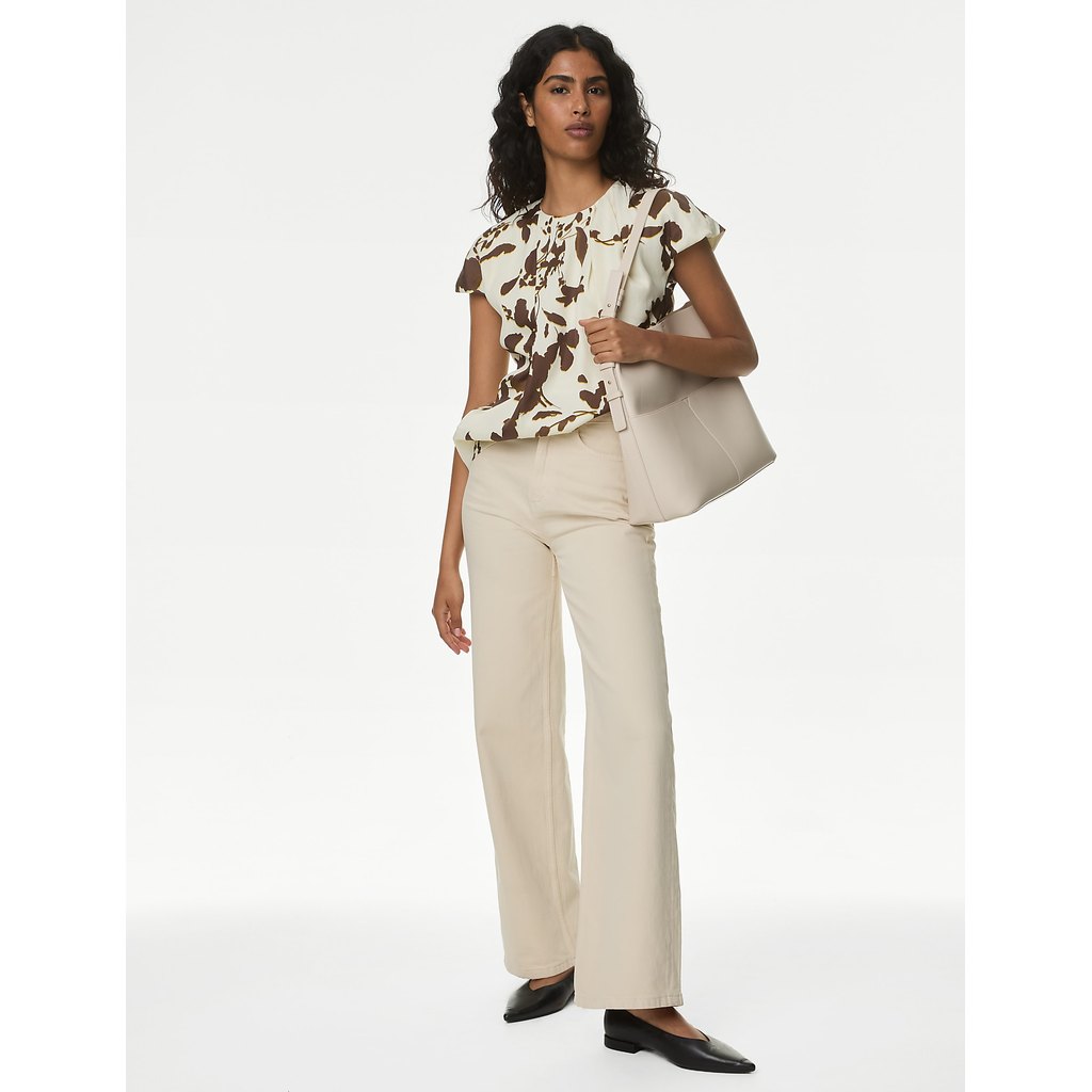 M&S - Satin Floral Pleat Detail Cap Sleeve Blouse - IVORY MIX