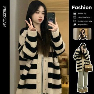  Breeze_ros Áo Khoác Cardigan Dệt Kim Kẻ Sọc Thời Trang Thu Đông Mới Cho Nữ Dáng Dài Rộng Rãi 