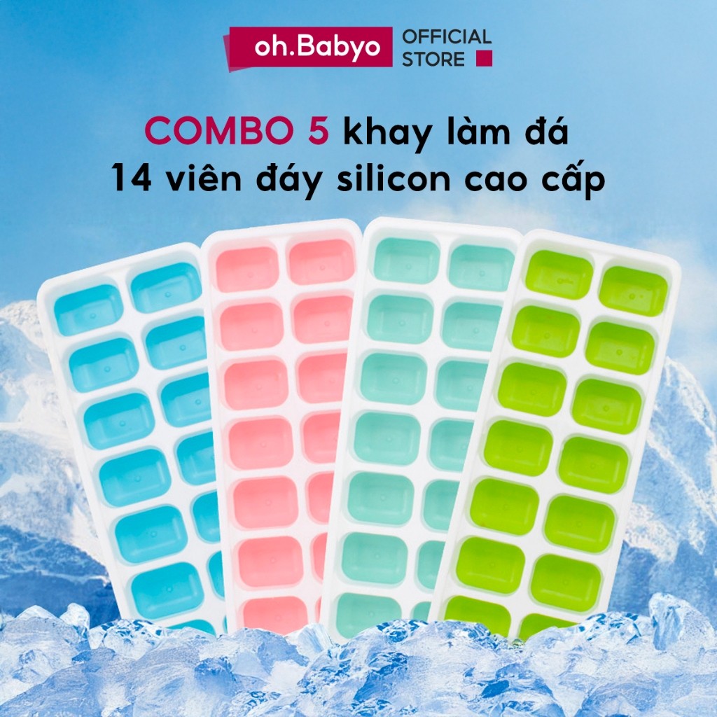 COMBO 5 Khay Làm Đá Silicon 14 Viên Có Nắp Đậy ohBabyo Khuôn Làm Đá Tủ Lạnh Bảo Quản Chống Mùi hàng 