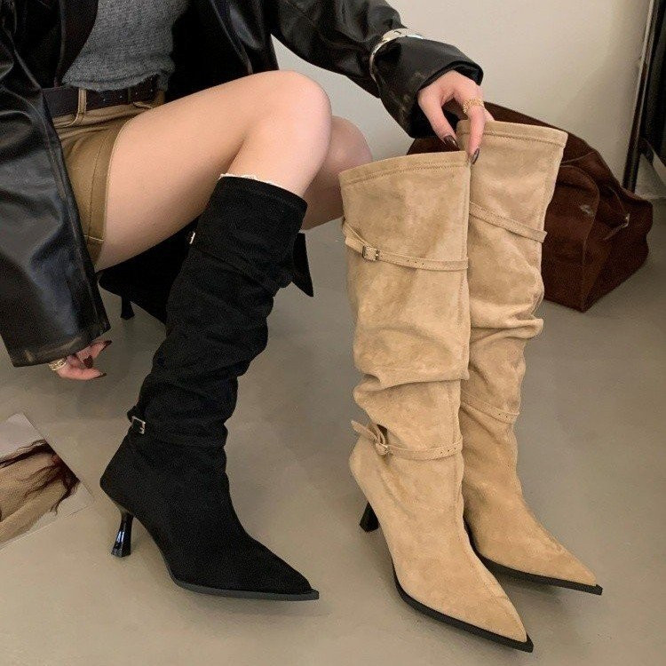 Mùa Thu Đông Phong Cách Mới Thời Trang Mũi Nhọn Cao Gót Stiletto Gót Chân Tay Cao Giày Bốt Pháp Retro Da Lộn Thường Ngày Ngoài Trời Chống Trơn Trượt Chống Mài Mòn Thoải Mái Kaki Ống Dài Hiệp Sĩ Bo