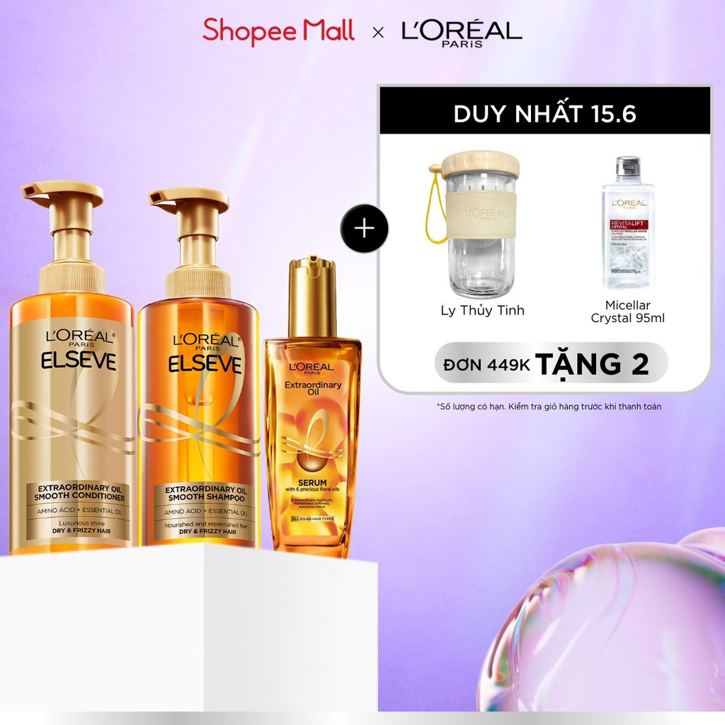 Bộ gội xả dưỡng tóc suôn mượt tóc cao cấp L'Oreal Paris Sleek 440ml x2 & Dầu dưỡng chiết xuất tinh d