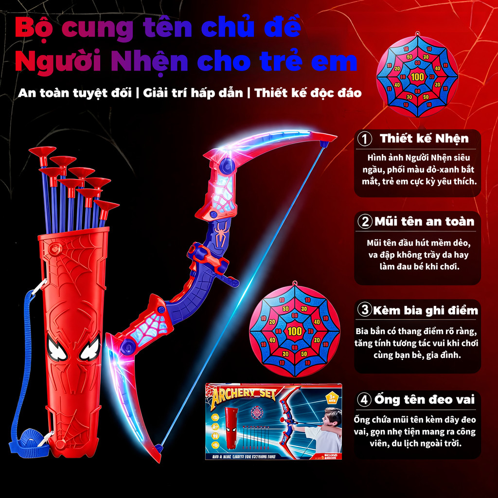 pider Man Archery Set LED Light Trọn Bộ Cung Tên Silicon An Toàn Quà Tặng Sinh Nhật Trẻ Em