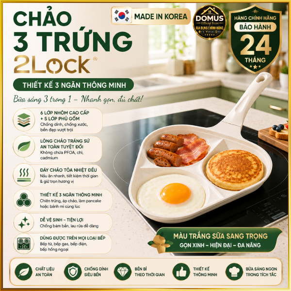 Chảo 3 Ngăn 2Lock Hàn Quốc Chống Dính Tráng Sứ 3 Trong 1 Dùng Mọi Loại Bếp Chính Hãng BH 24 Tháng