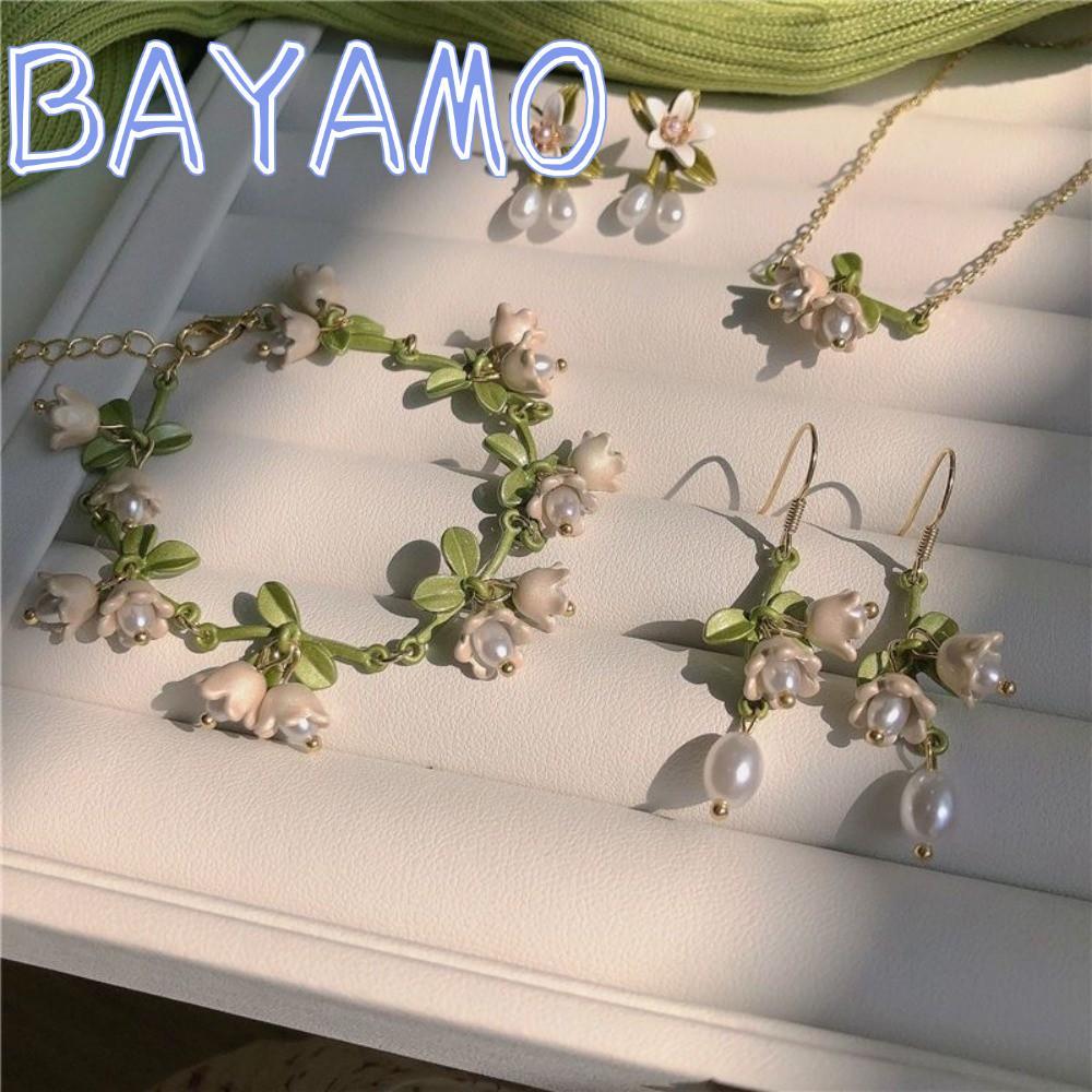Bộ trang sức BAYAMO Lily of The Valley, Vòng tay hoa lan xanh tua rua, Bông tai Lily of the Valley Q