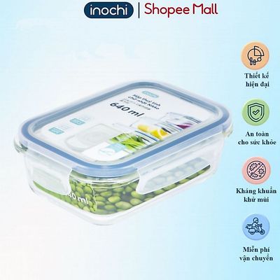 Hộp thuỷ tinh chữ nhật Inochi Nikko 640 ml sử dụng được lò vi sóng, nắp đậy thông minh thoát nhiệt