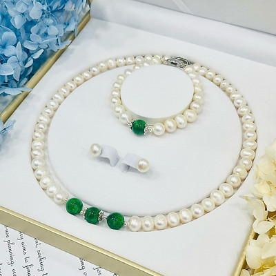 Bộ Trang Sức Ngọc Trai Bạc 925 Mix Đá Xanh Quà Tặng - Ngọc Trai Trường Thịnh