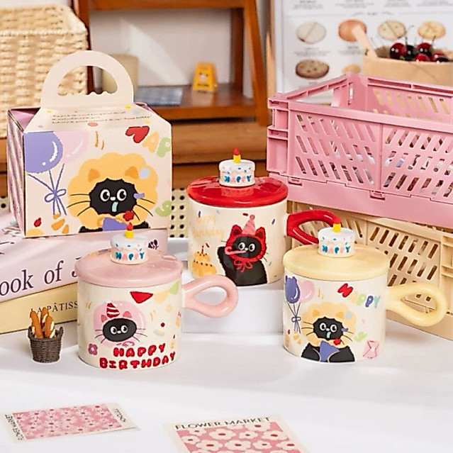 Cốc Gốm Sứ Hình Mèo Happy Brithday Cute, mèo đen hộp quà tặng