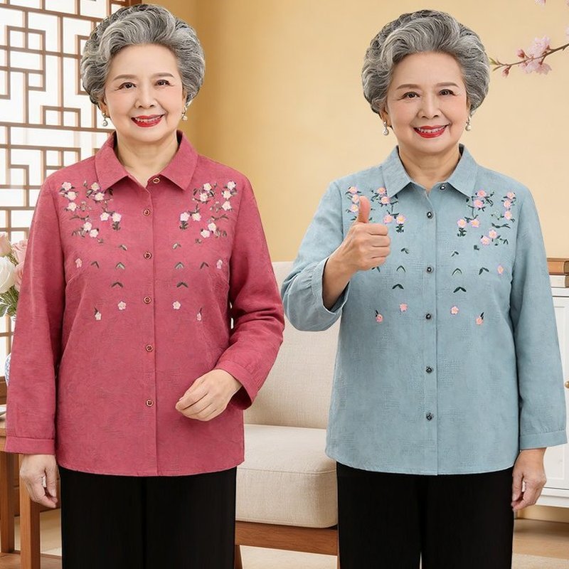 Trung Niên Người Cao Tuổi Xuân Thu Dài Tay Thêu Nguyên Chất Áo Sơ Mi Nữ Mẹ 60 Tuổi 70 Áo Sơ Mi Bà Gi