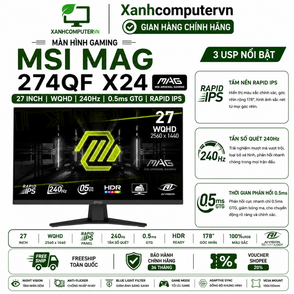 Màn Hình Gaming MSI MAG 274QF X24 27 inch/ IPS/ WQHD/ 240Hz/ 0.5ms - Bảo Hành 36 Tháng - TNC STORE