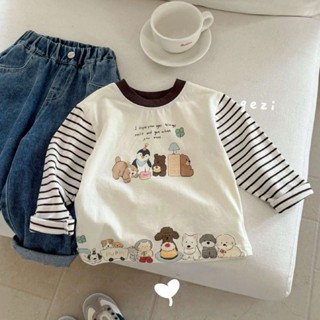  Trẻ Em Mùa Thu Quần Áo Đáy Áo Sơ Mi Hoạt Hình Sọc Nam Nữ Bé Phong Cách Phương Tây Sọc Cổ Tròn Vui Vẻ Tay Dài 