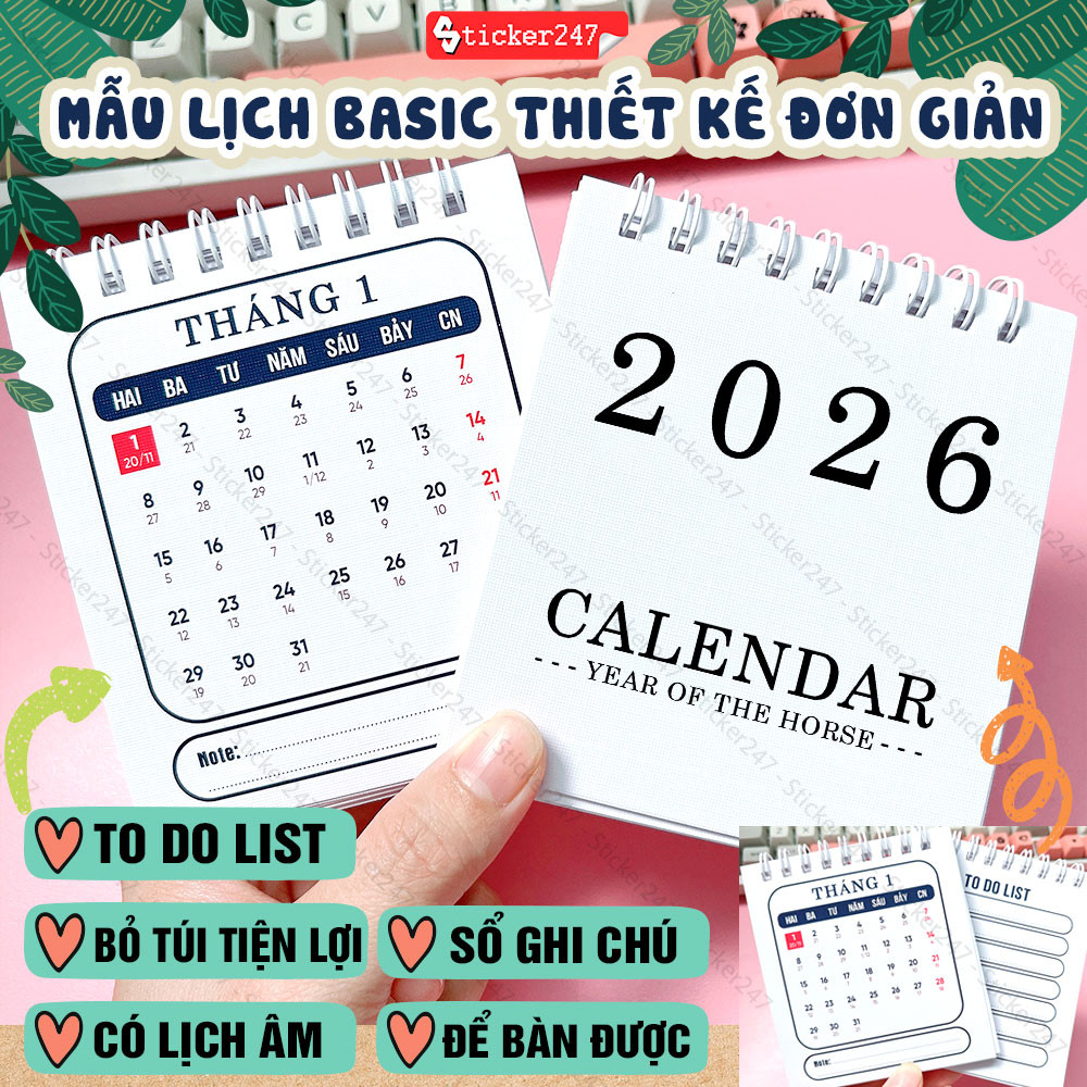 Lịch 2026 Basic Kèm To Do List 🌈𝑭𝒓𝒆𝒆𝒔𝒉𝒊𝒑 Lịch Mini 2026 Làm Sổ Tay Ghi Chú Tiện Lợi - Tiếng Việt - C